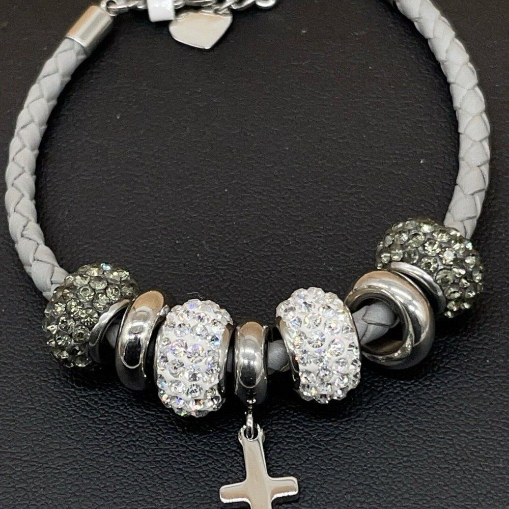 Bracelet Crystal Beads Religious Gray Leather Stainless Steel Cross Polished 7.5 - Picture 5 of 7